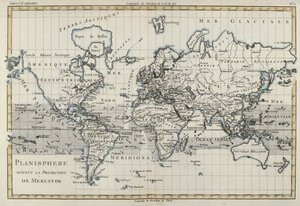 Mapa świata za pomocą projekcji Mercator, z „Atlasu wszystkich znanych części świata ziemskiego” Guillaume